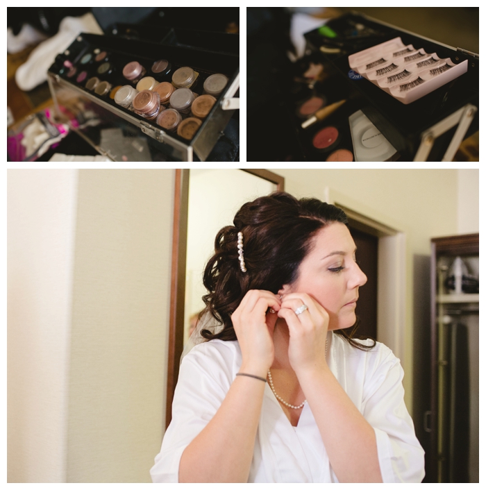 photo of beautiful spring bride after makeup putting on earring