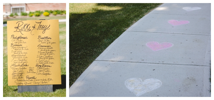 photo of chalk hearts on the sidewalk for the bride to walk down and wedding board of bridal attendants
