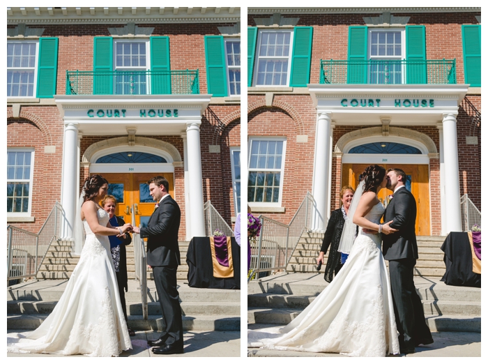 photo of bride and grooms first kiss at weyburn court house