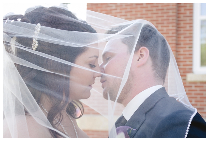 photo of couple under wedding veil kissing
