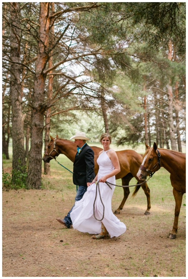 photo of bride and groom walking with their horse on a summer day