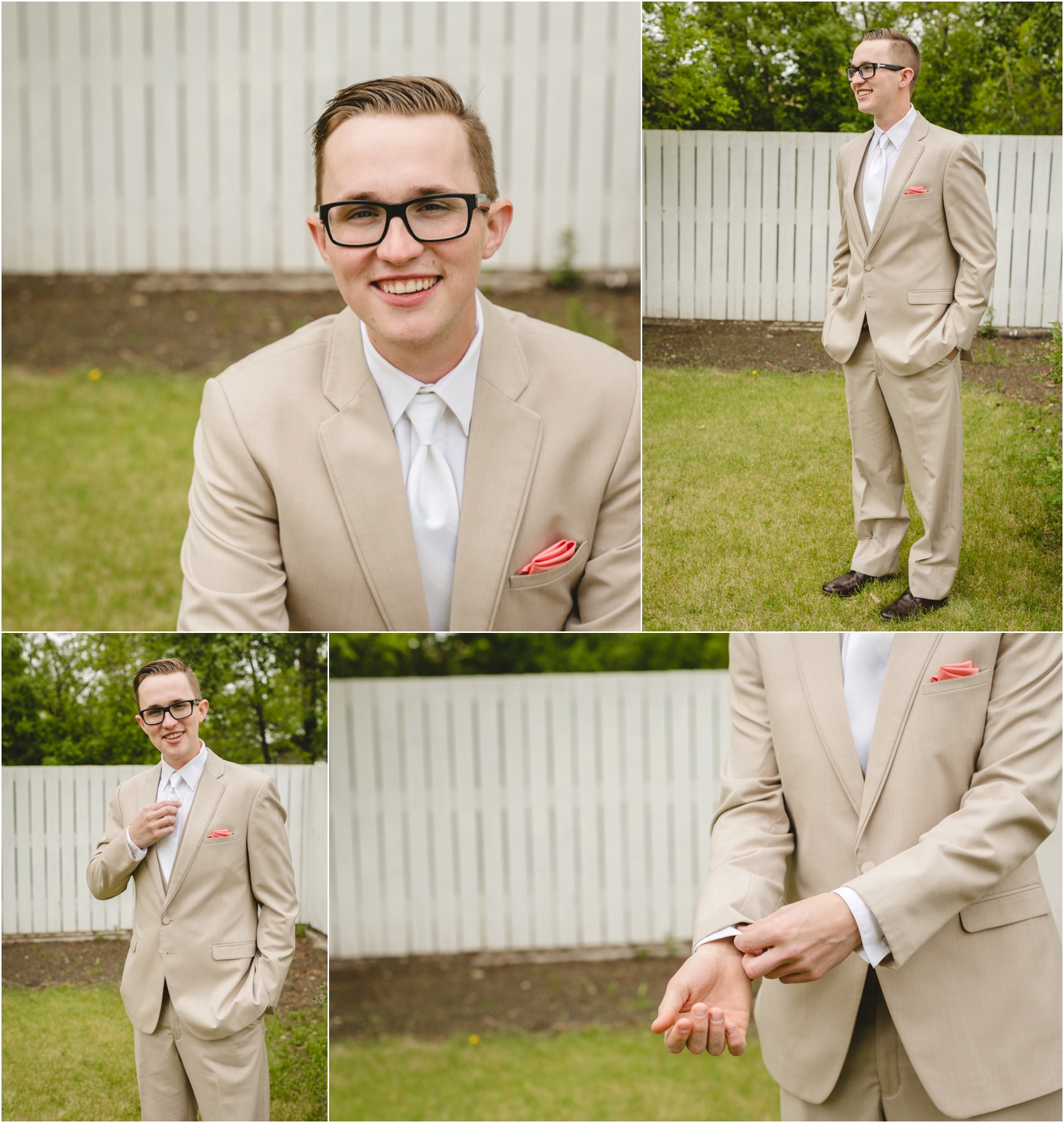 excited spring groom wearing tan suit