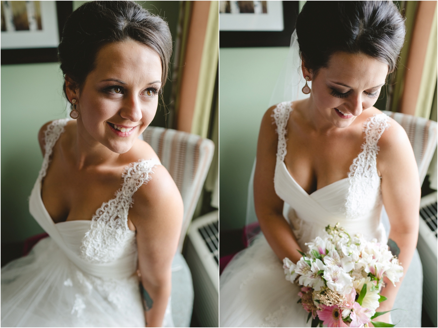 blushing bride illuminated by window light