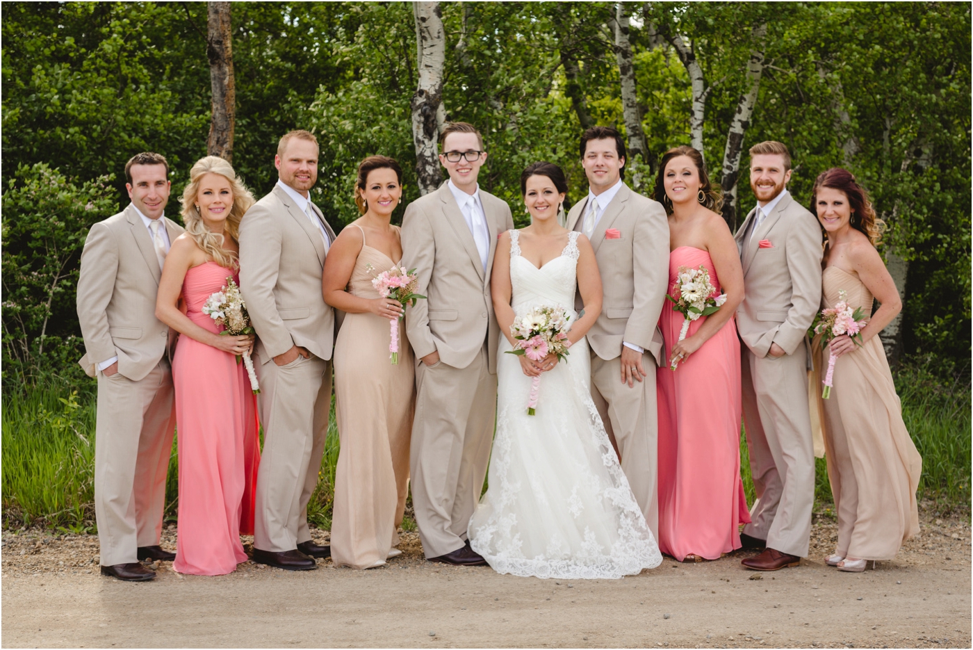 spring wedding party with blush pink and tan