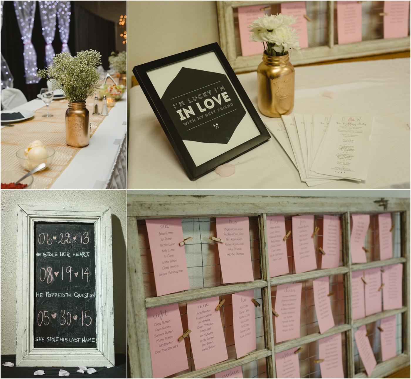 photo of wedding reception with pink gold and chalkboard details