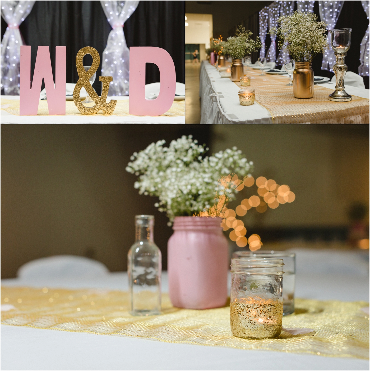 photo of spring reception decor including pink mason jars babys breath and gold glitter