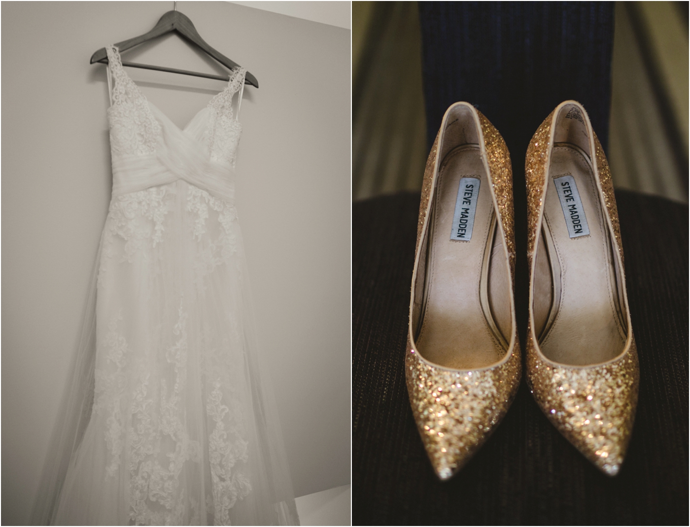 sparkly steve madden heels and lace wedding gown