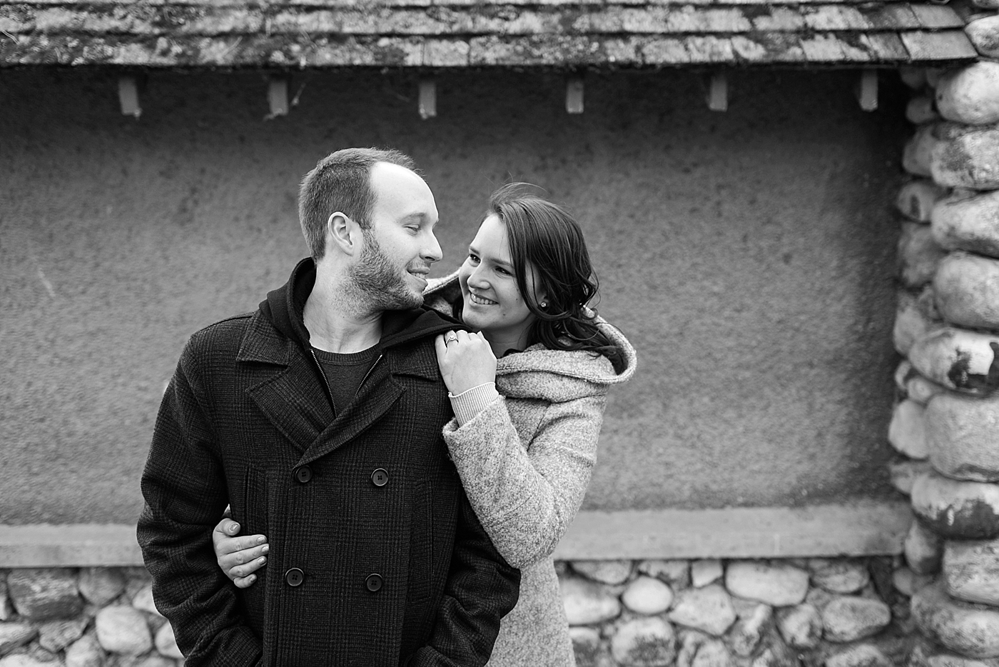black and white picture of winter engagement session