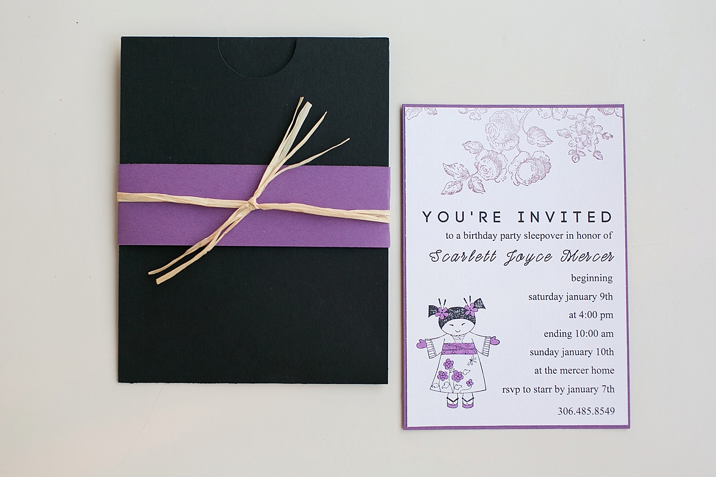 purple and black stamped birthday party invitation