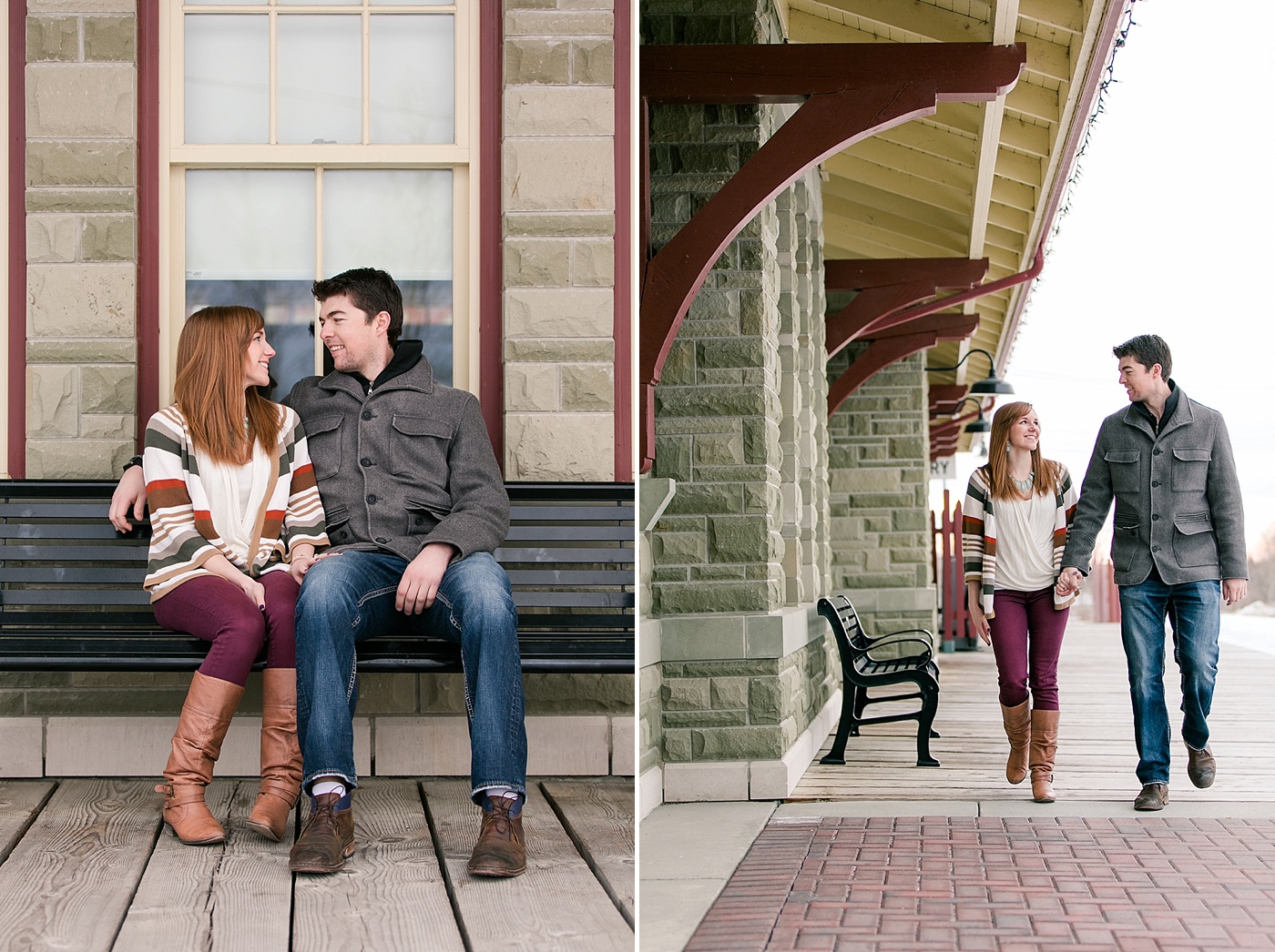 photo of engaged couple by train station at heritage park