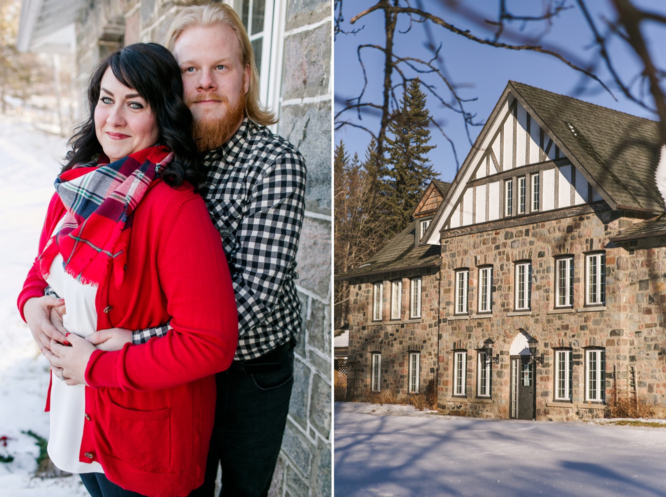 red and plaid engagement session at kenosee lake chalet photos