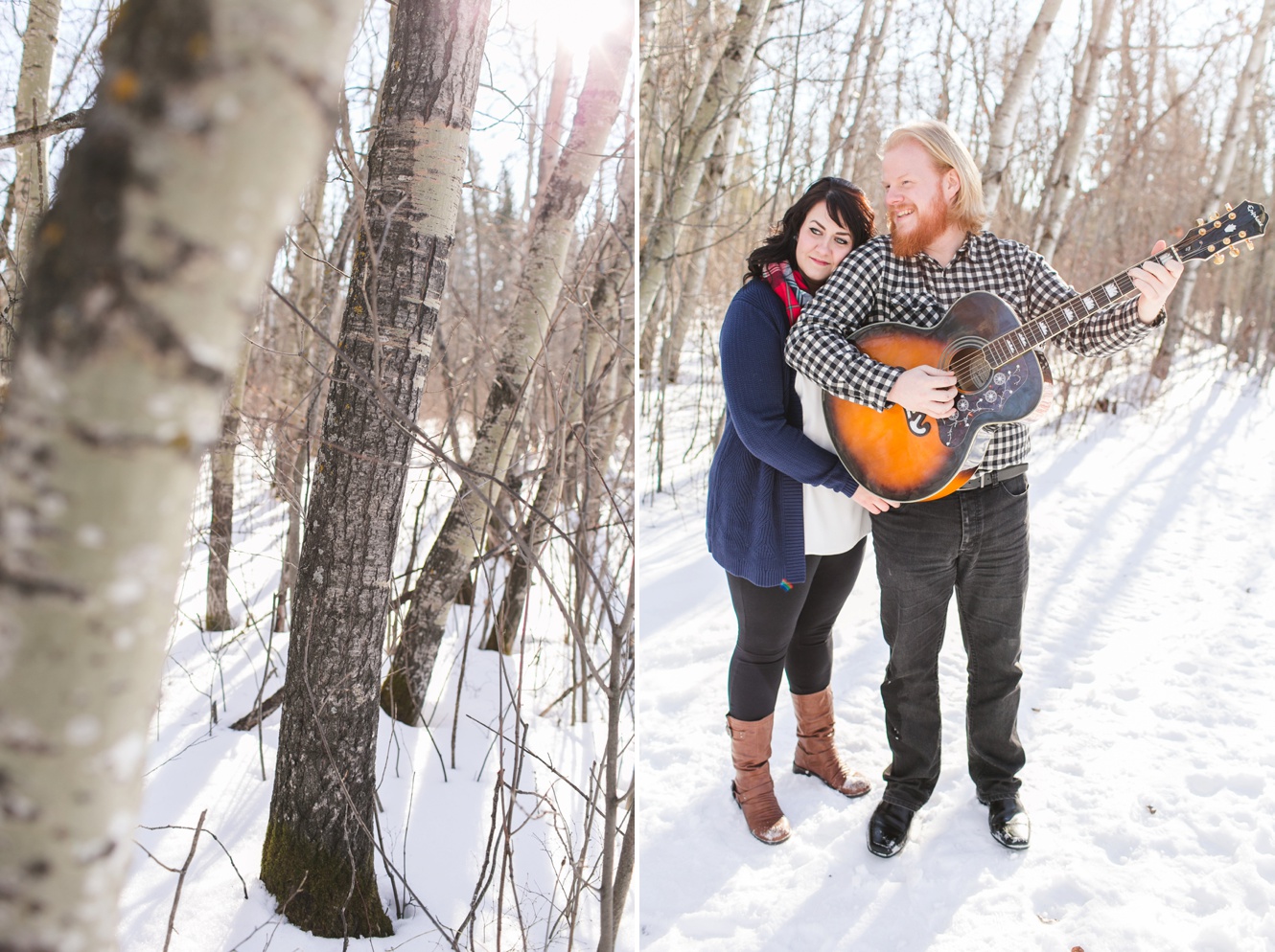 engaged couple among birch trees playing guitar photo