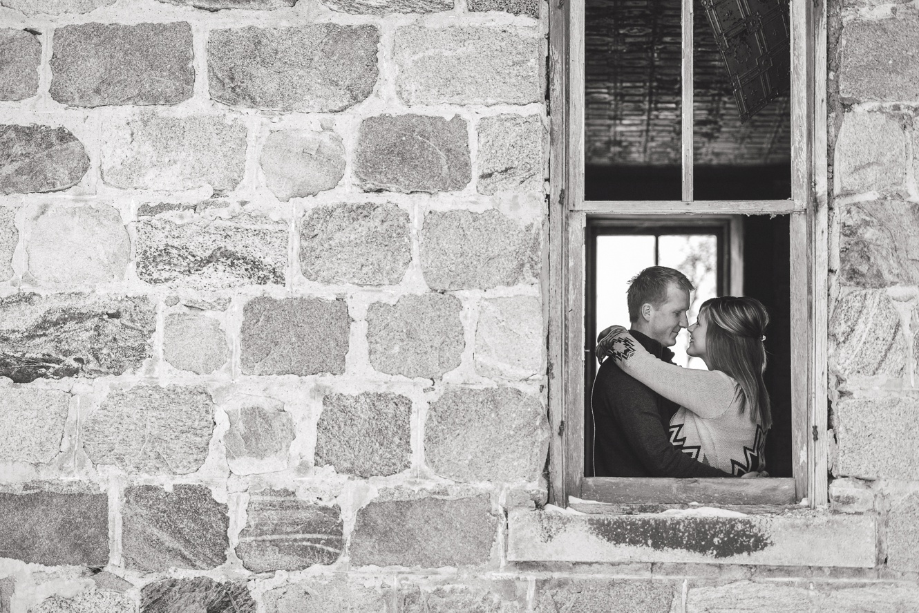 Old Stone Country School Winter Engagement Photos Redvers Saskatchewan black and white
