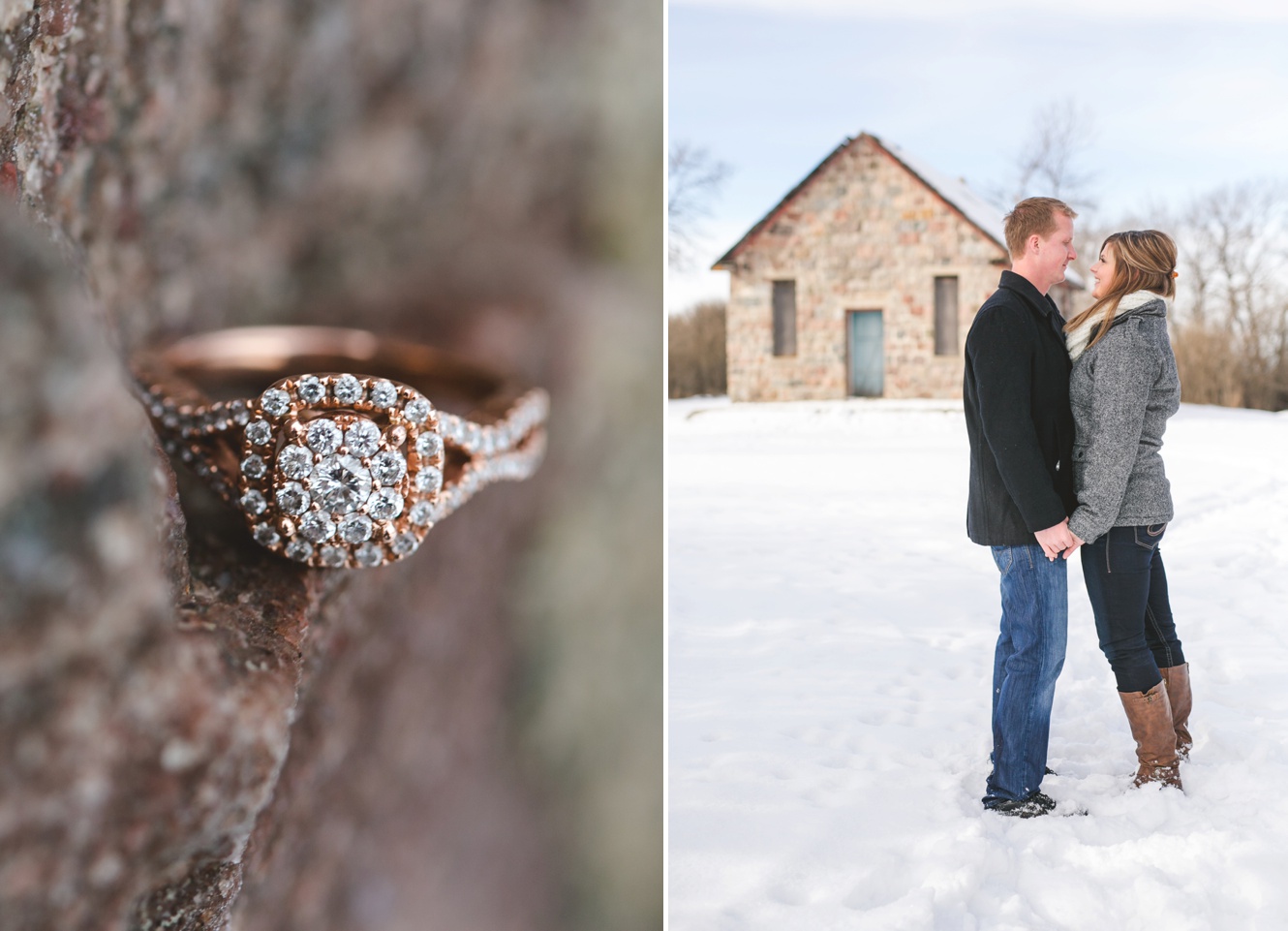 carlyle winter engagement session and rose gold diamond ring photos