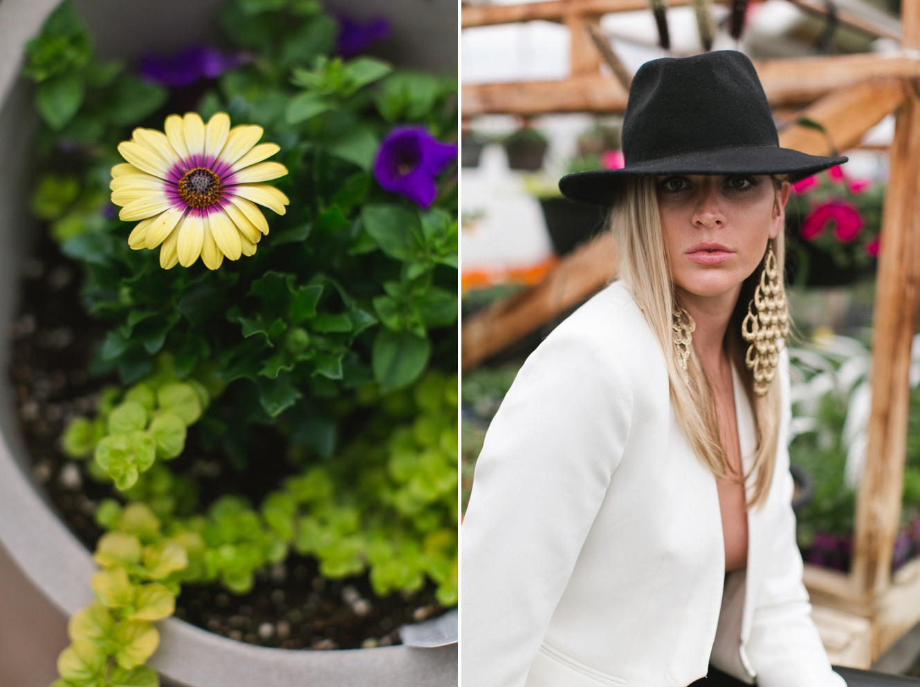 spring greenhouse fashion shoot with flowers
