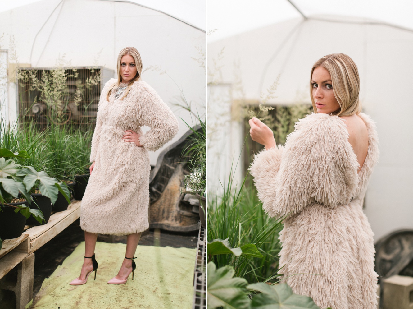 wool jacket editorial fashion photo shoot in greenhouse
