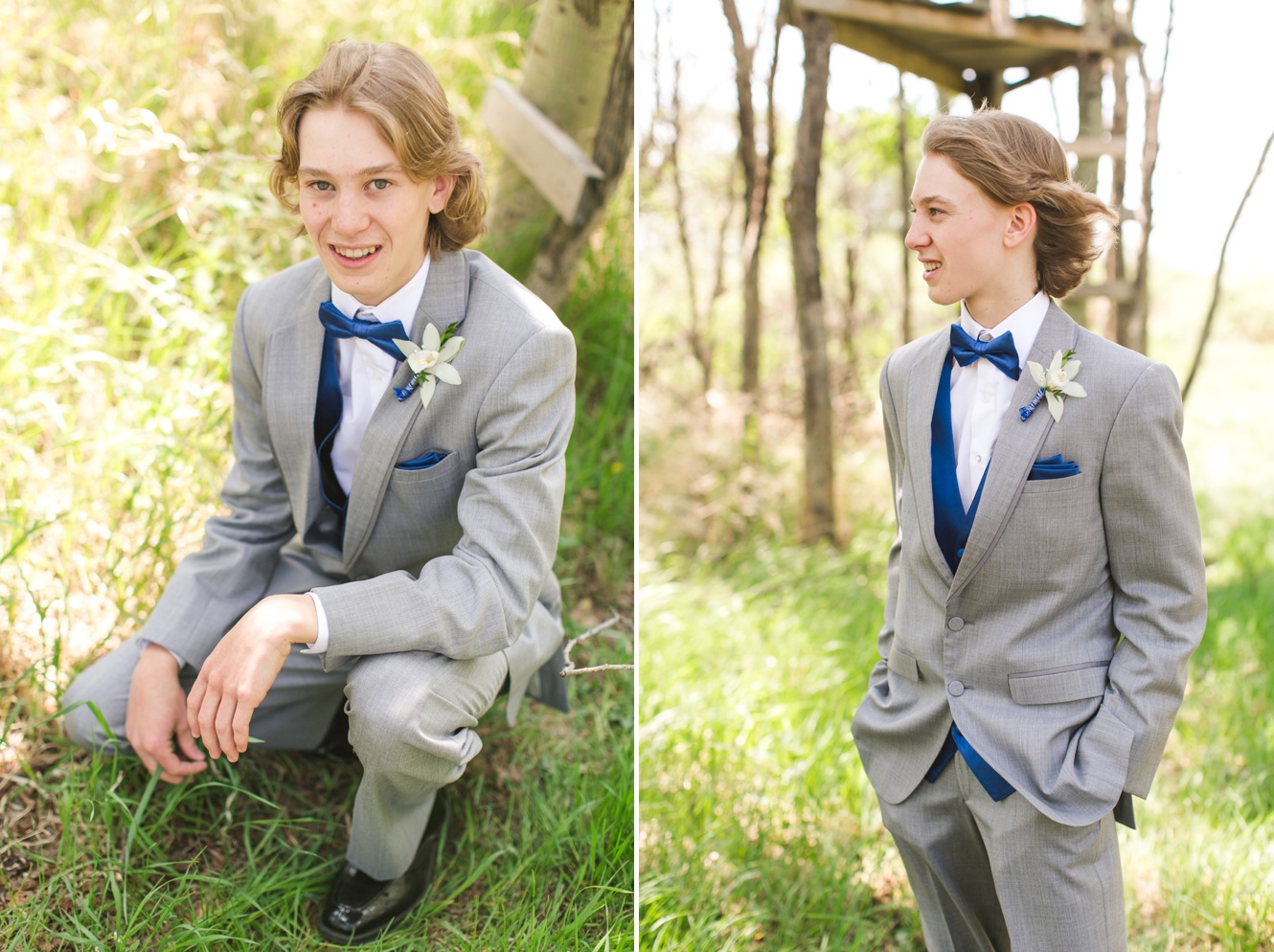 grey suit tuxedo blue bow tie graduation photo