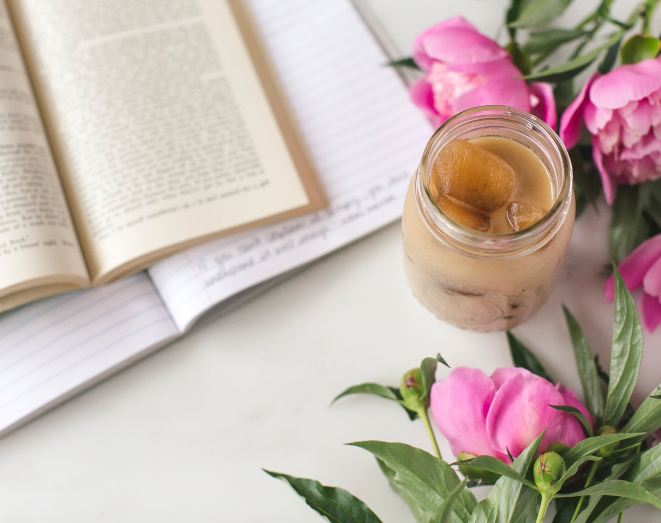 the best homemade iced coffee photo with pink peonies and to do list