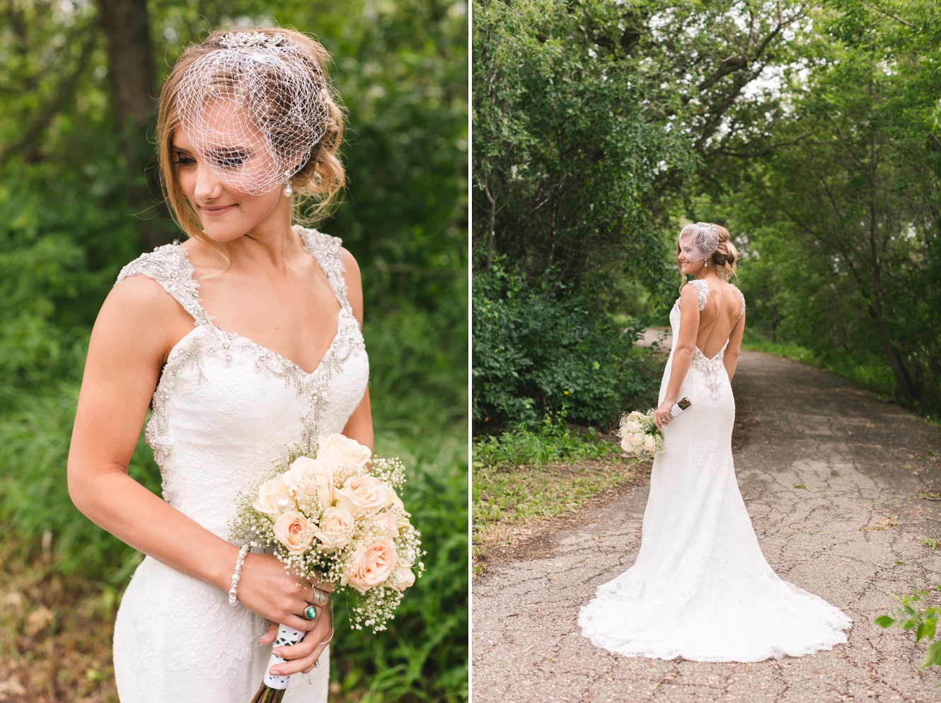 bride wearing gatsby wedding dress and white fascinator and carrying peach roses photo