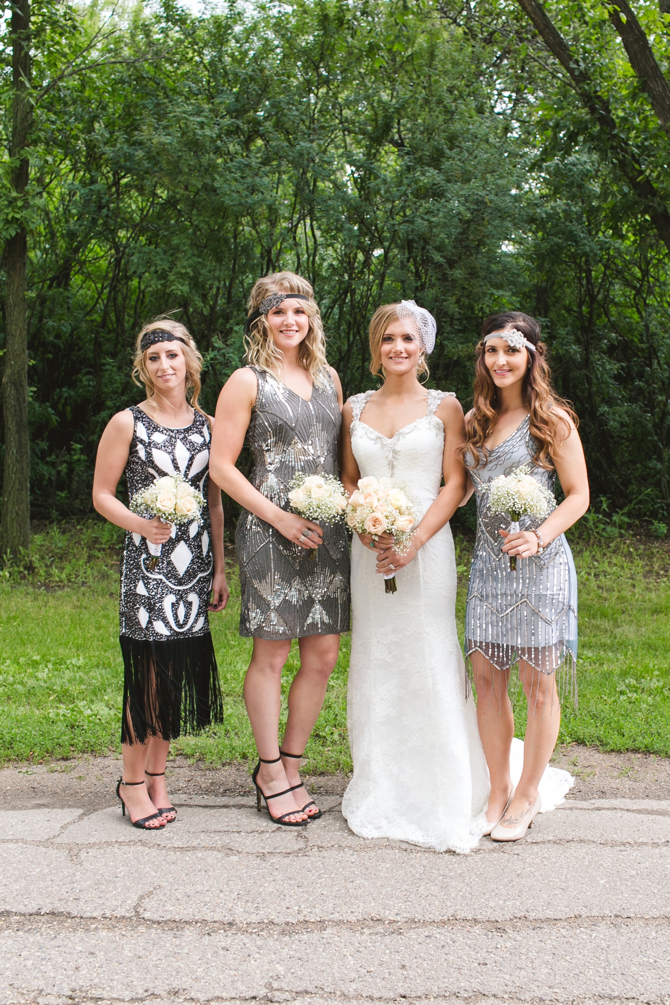 flapper bridesmaids dresses in shades of grey and sparkle photo