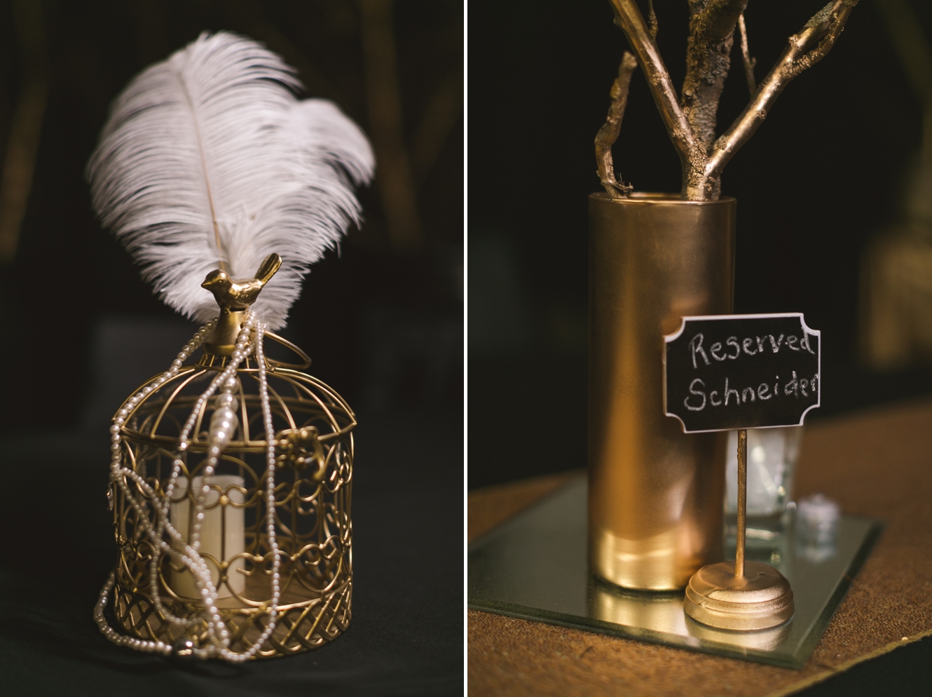 wedding reception decorated black and gold with birdcages feathers and pearls photo