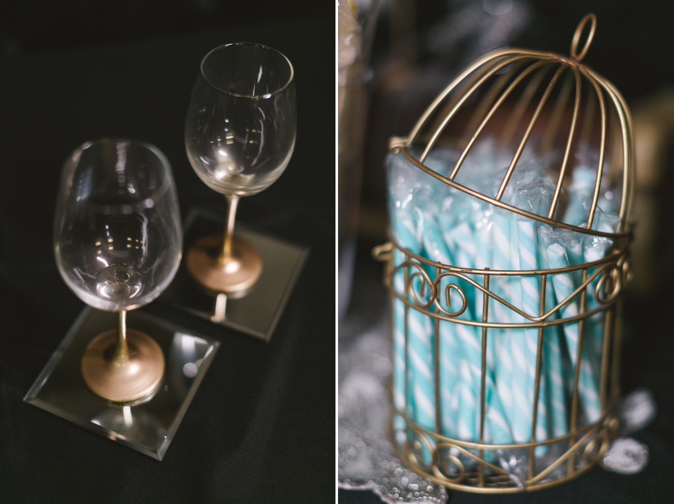 wine glasses dipped in gold and turquoise candy sticks at wedding photo