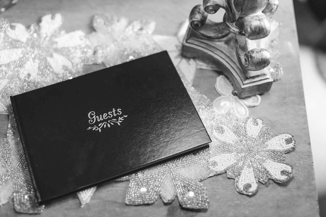 black and white wedding guest book photo