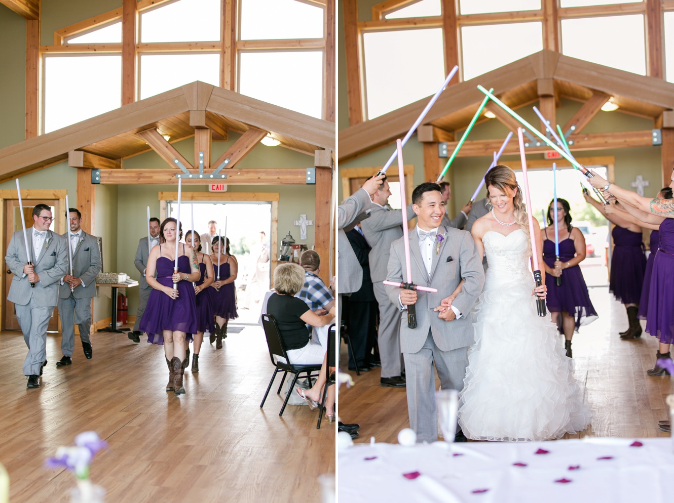 Star wars entrance to wedding reception with light sabres photo