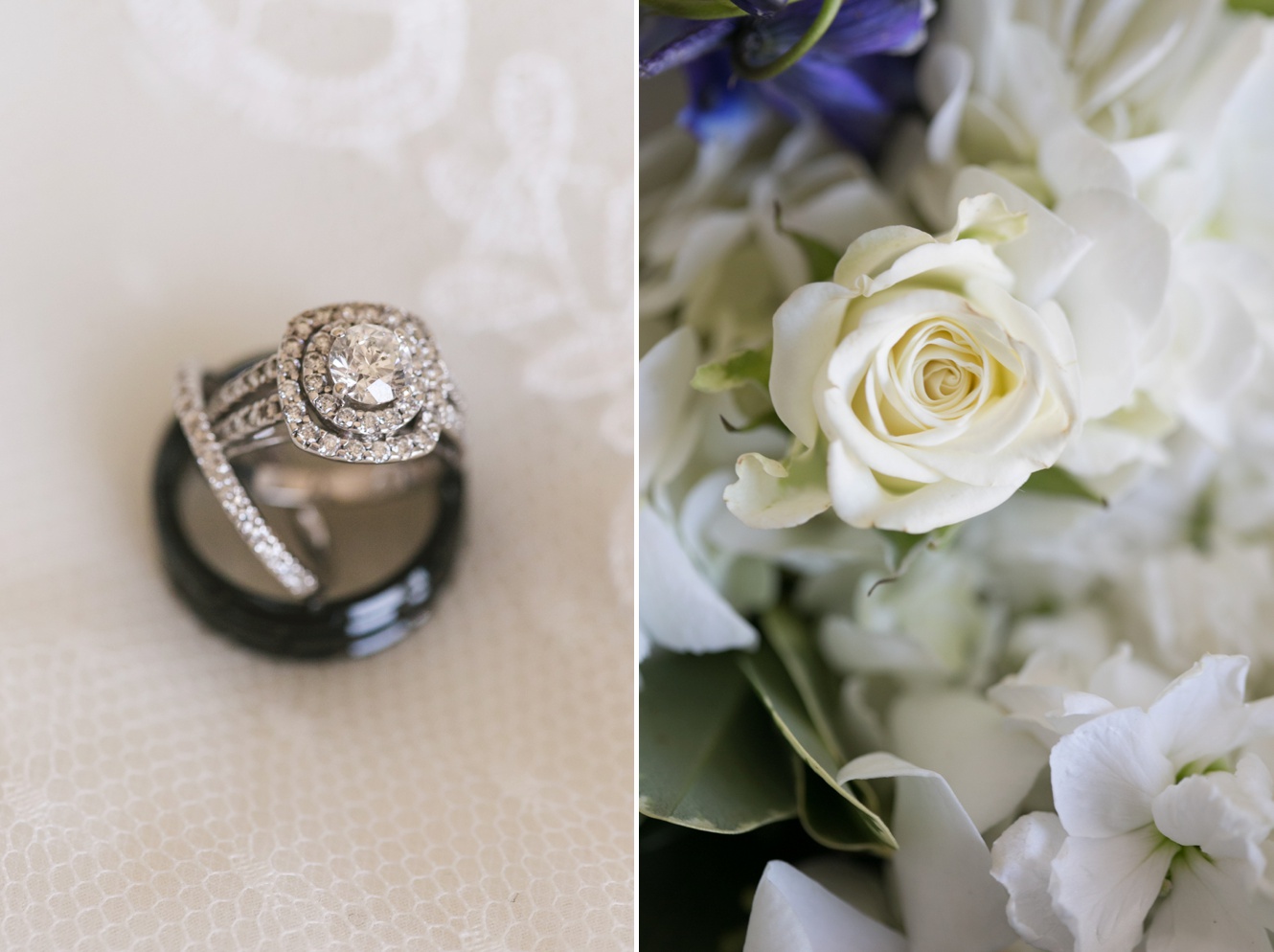 halo diamond wedding engagement ring with fresh flowers photo