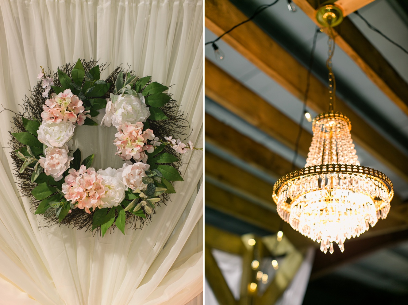 wreaths and chandeliers wedding decor photo