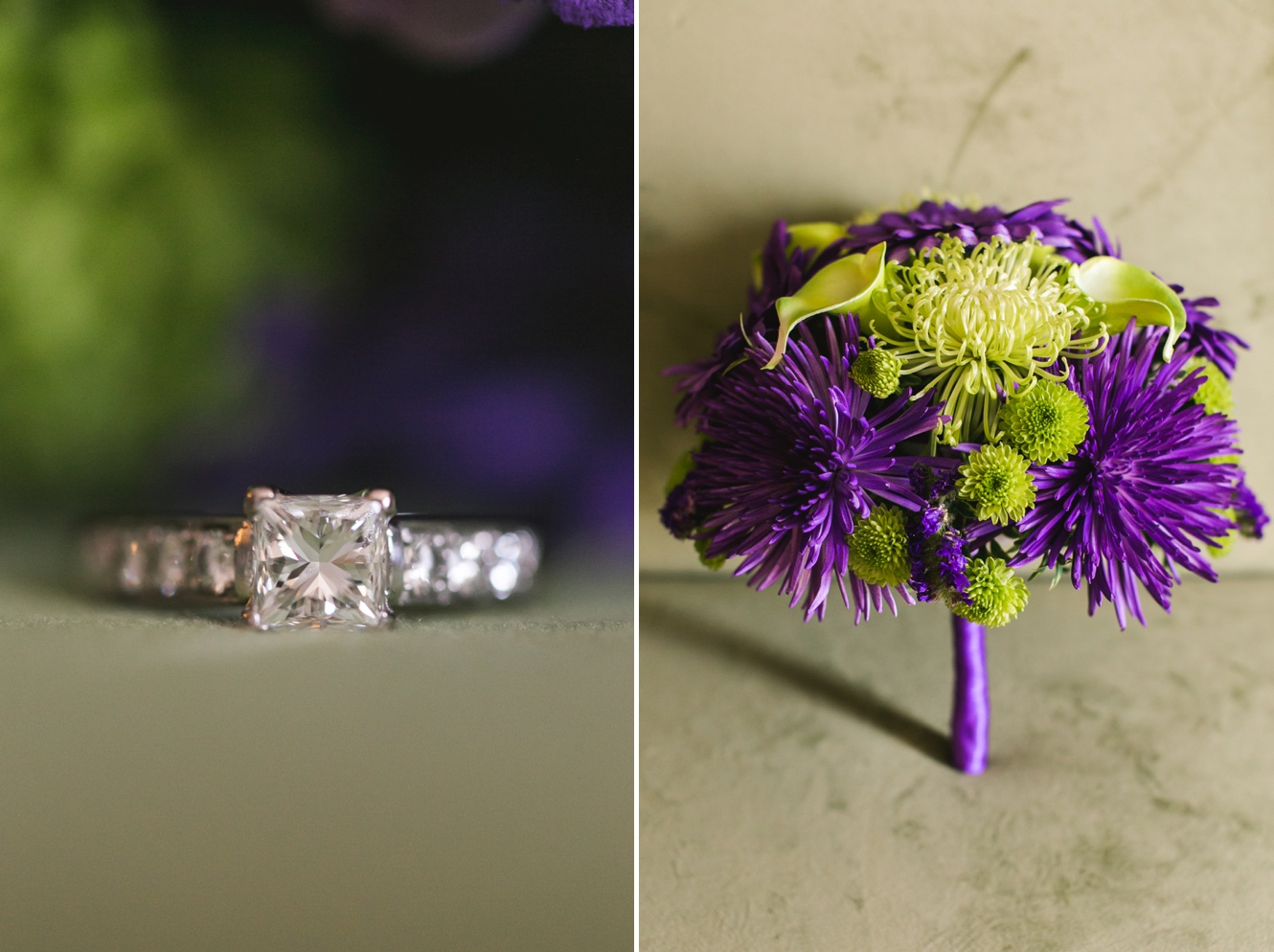 ring shot violet and green wedding bouquet photo