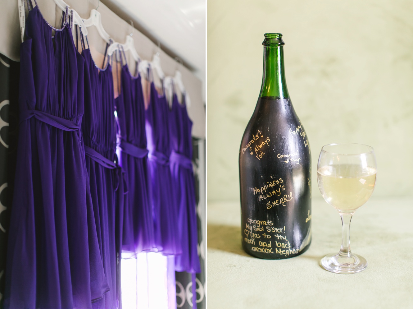 violet bridesmaid dresses and champagne getting ready wedding photo