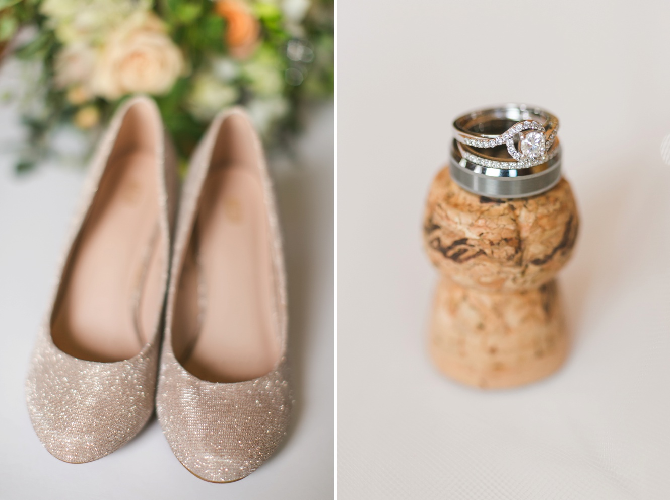brides wedding shoes and ring shot on a champagne cork photo