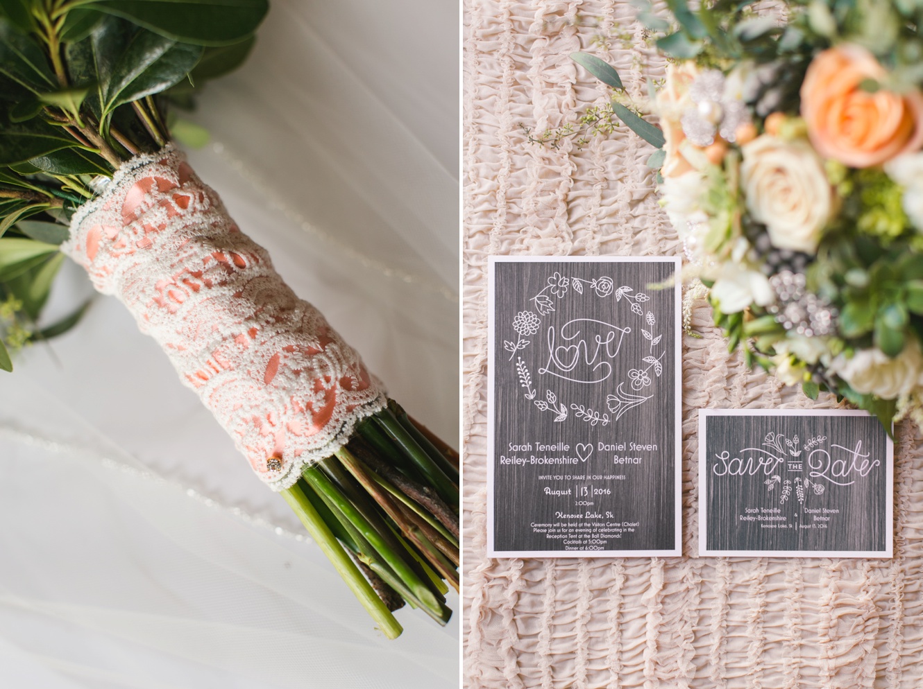 wedding bouquet and peach invitation picture
