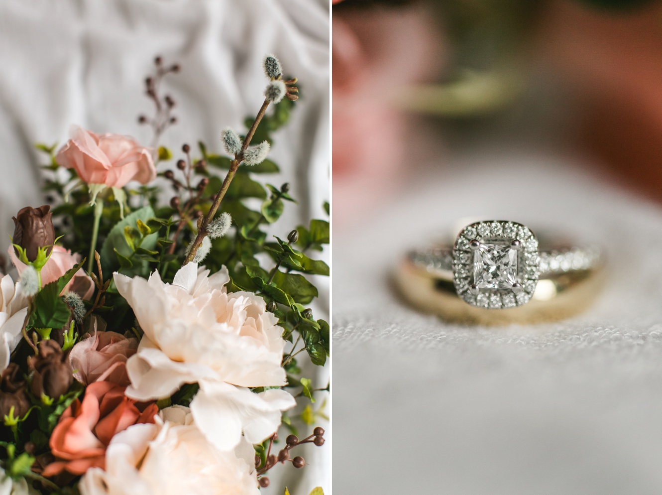 Timeless Blush & Champagne Woodsy Wedding ring and bouquet