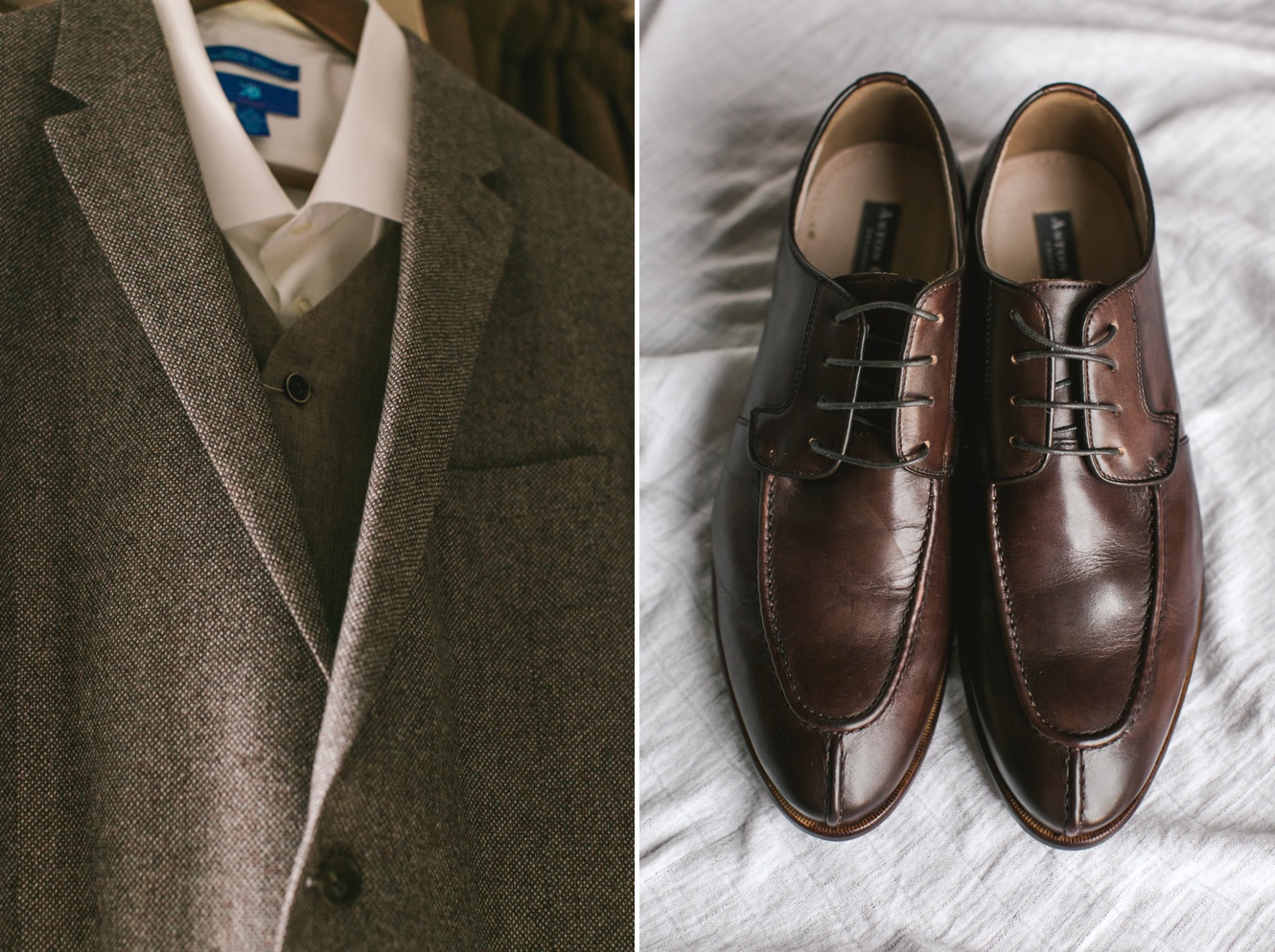 Tweed suit and vest and leather shoes for the groom's wedding attire
