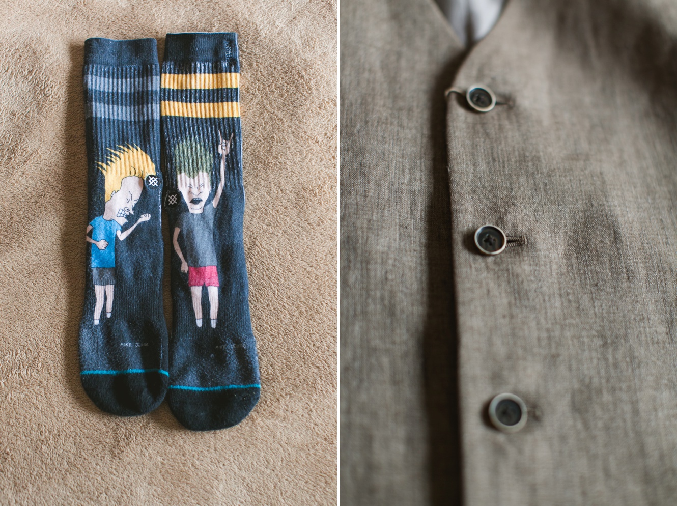 Tweed vest and beavis and butthead socks what the groom wore