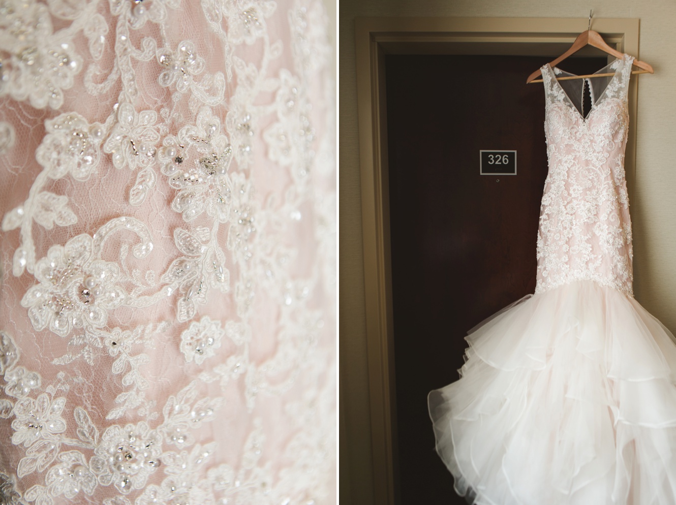 blush and lace wedding dress photo