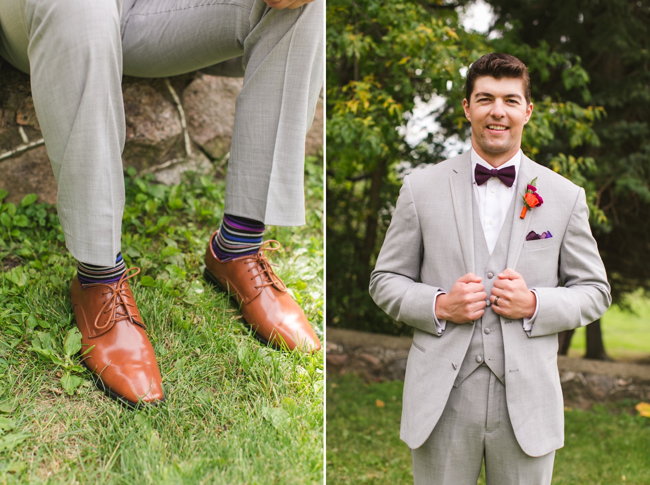groom in grey suit, camel shoes and plum bowtie photo
