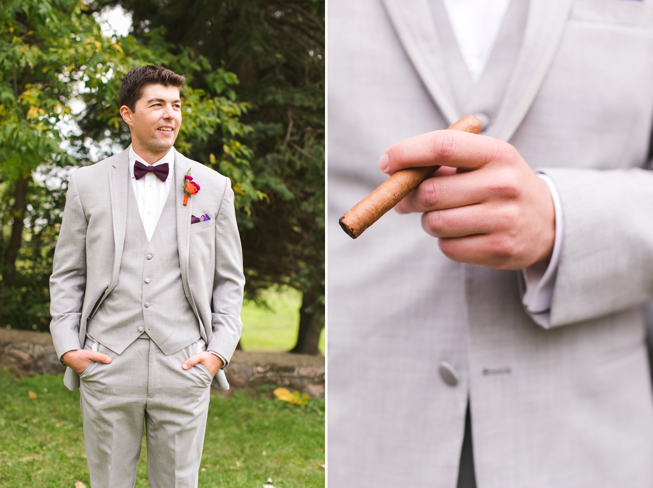 groom in grey suit, camel shoes and plum bow tie photo