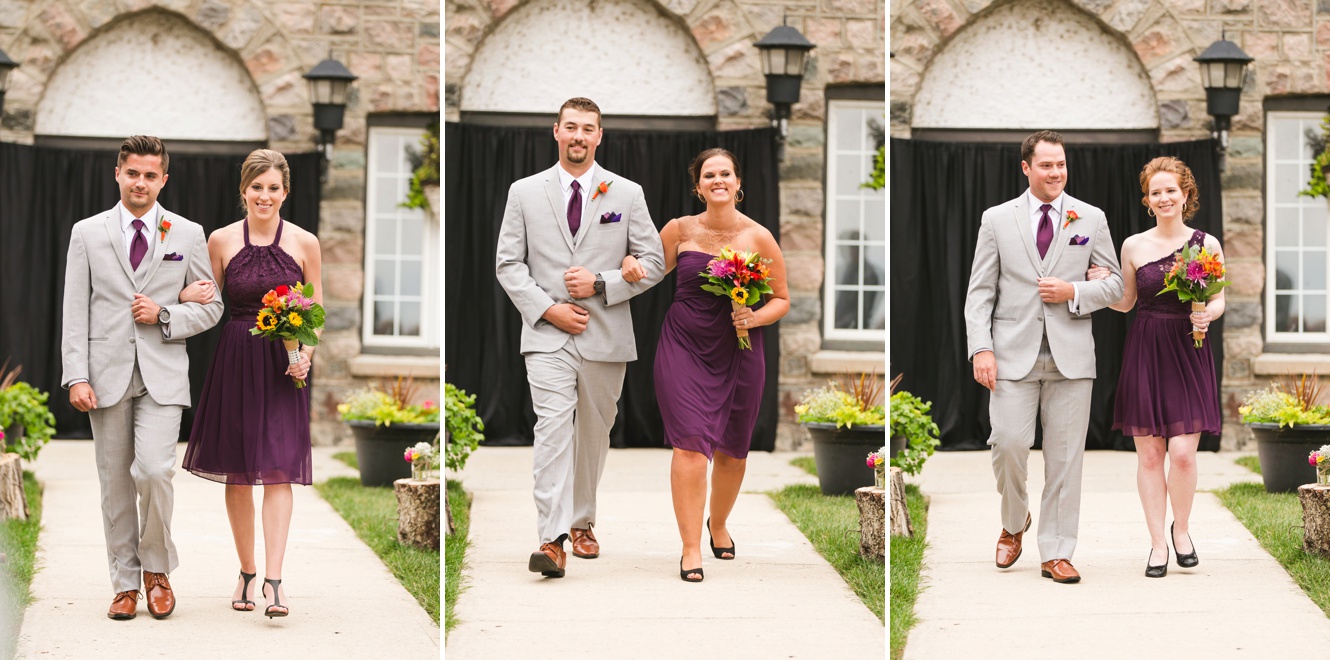 Plum bridesmaid dresses and grey suits fall wedding inspiration photo