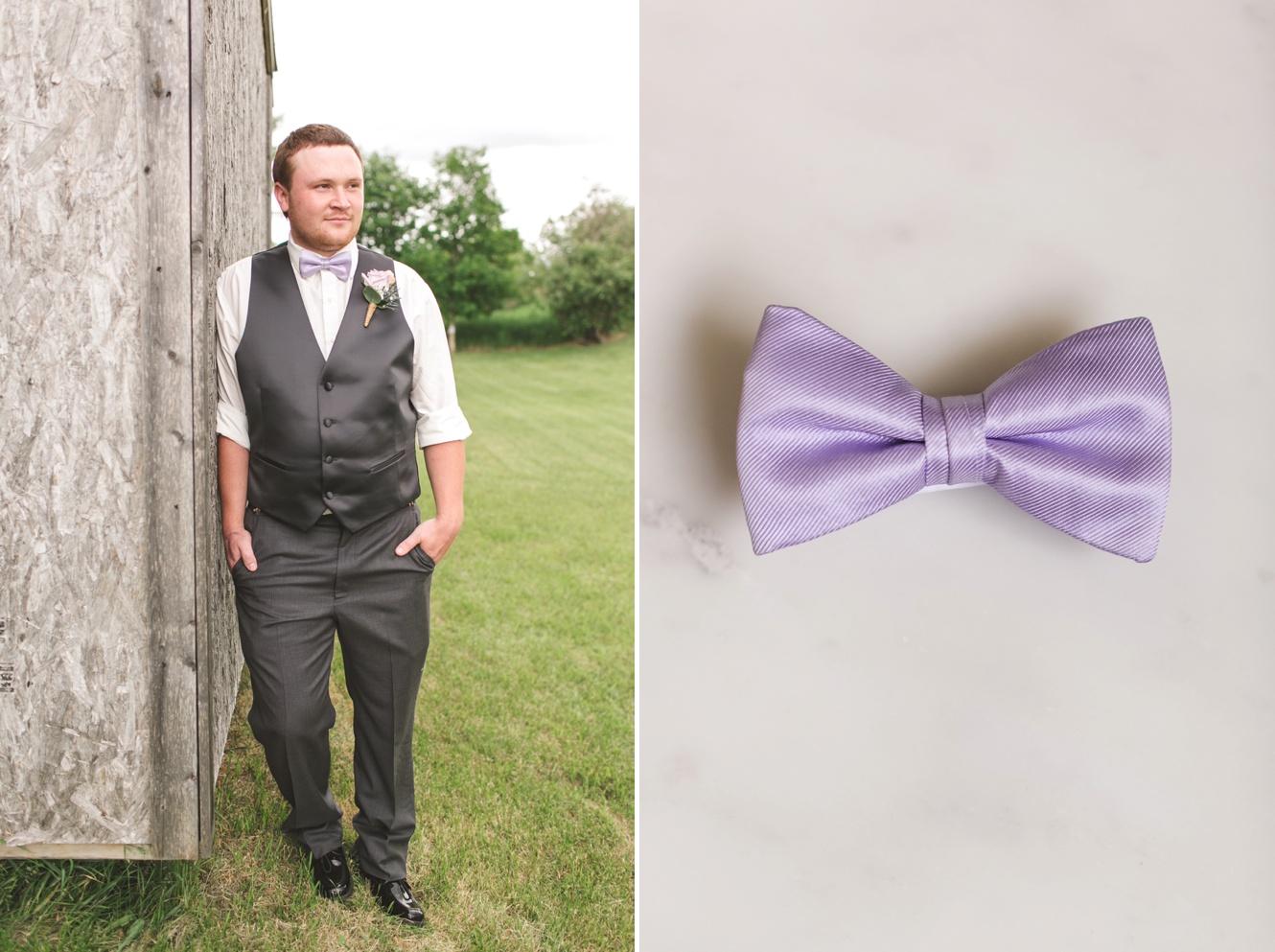 The groom wore a lilac bowtie