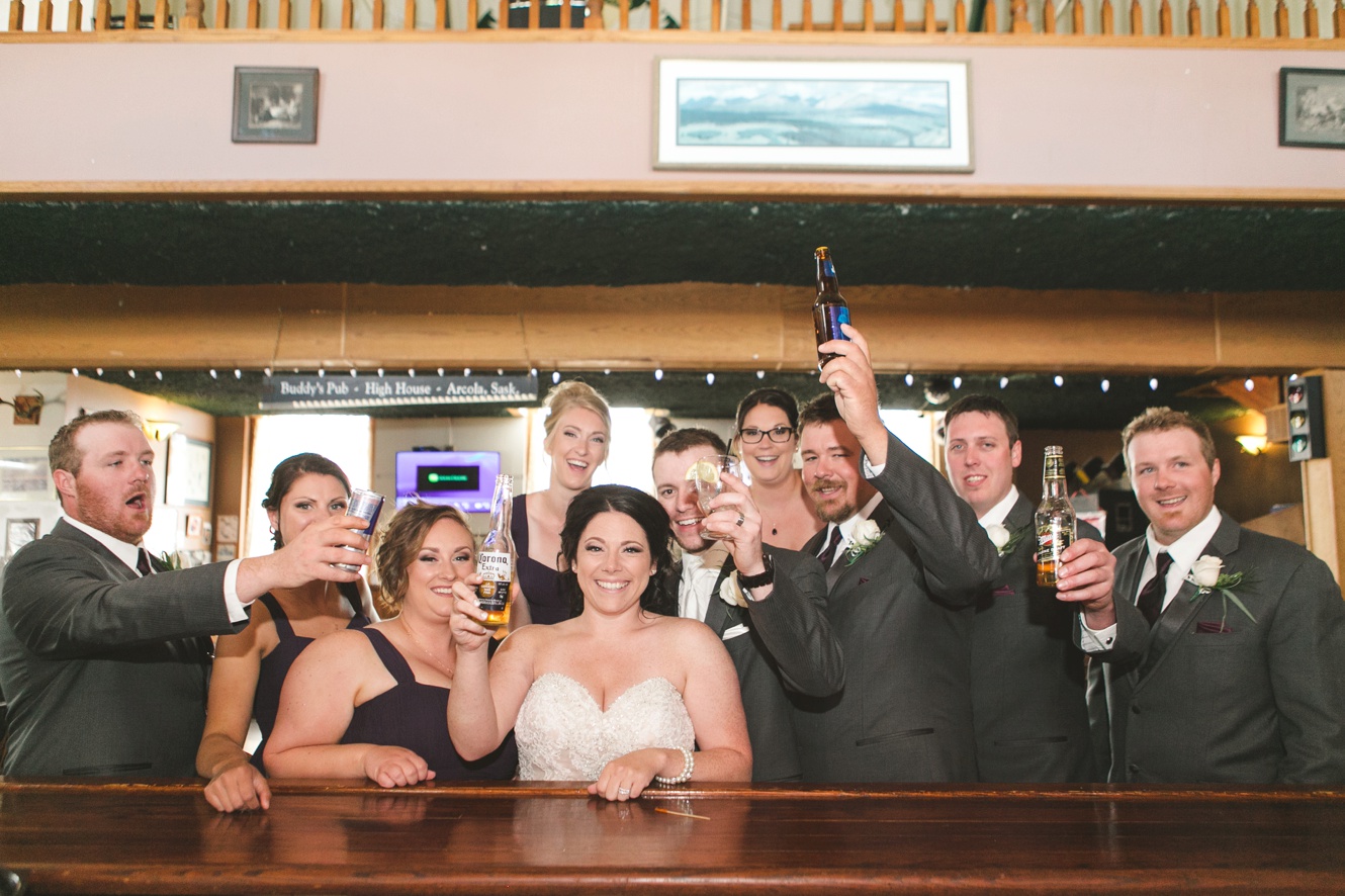 Bridal party photo in the High House Bar in Arcola Saskatchewan
