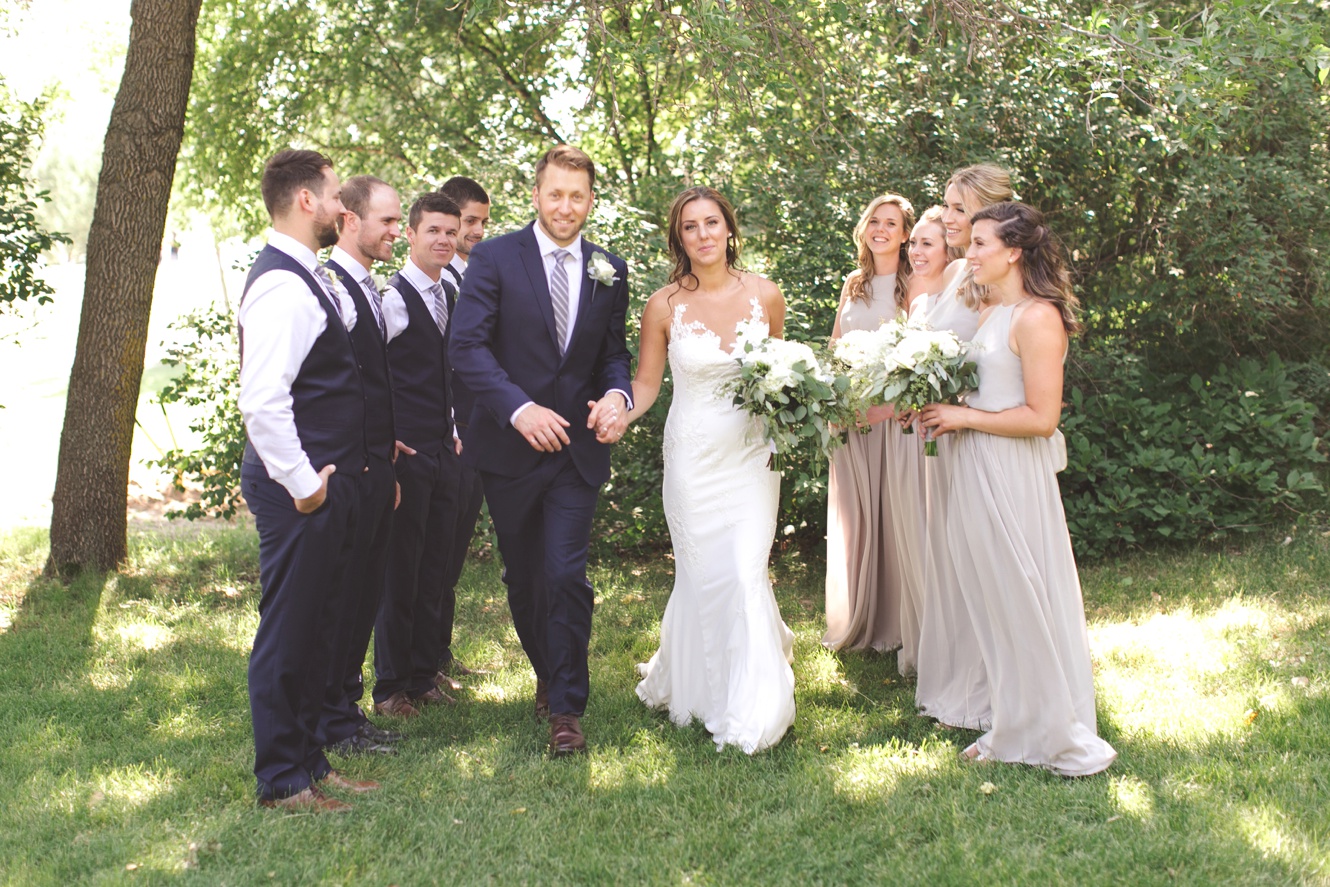 Dove grey and greenery wedding photo