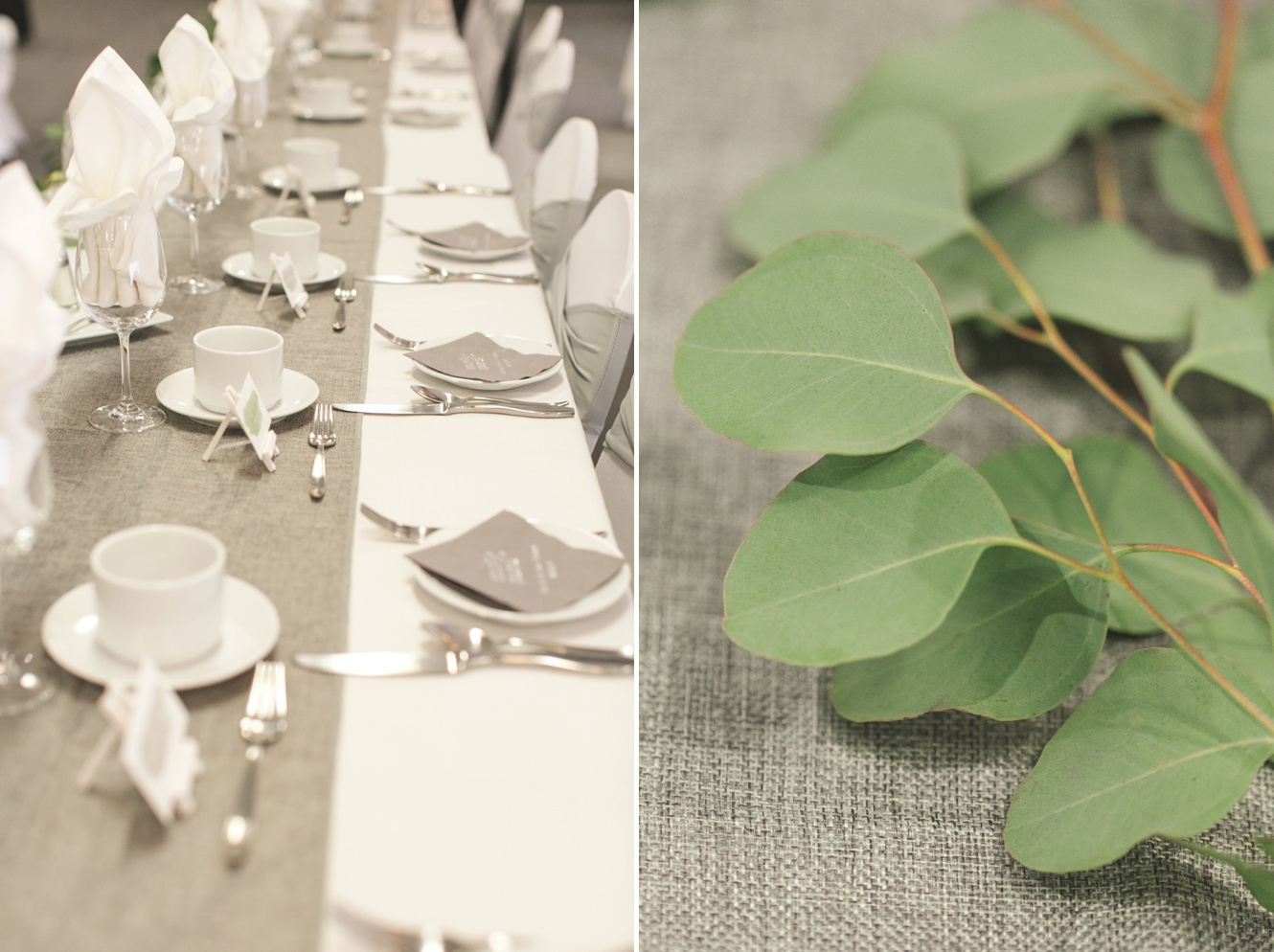 Dove grey and greenery wedding reception inspo photo at Evraz Place