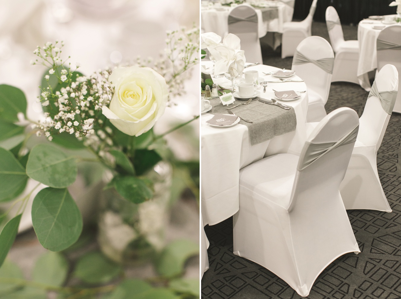 Dove grey and greenery wedding reception inspo photo