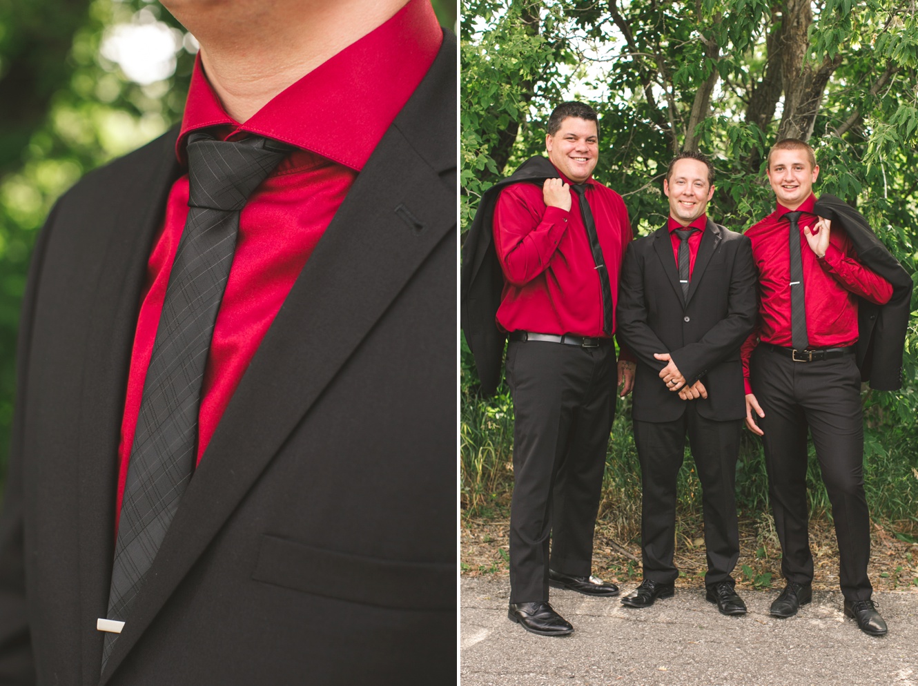 Groom and groomsmen dressed in black and red photo 