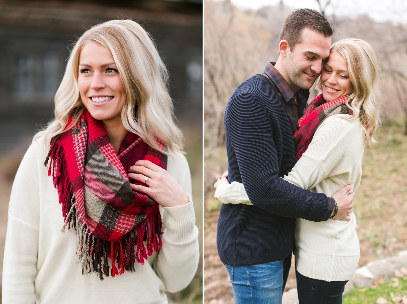 plaid and navy engagement photo