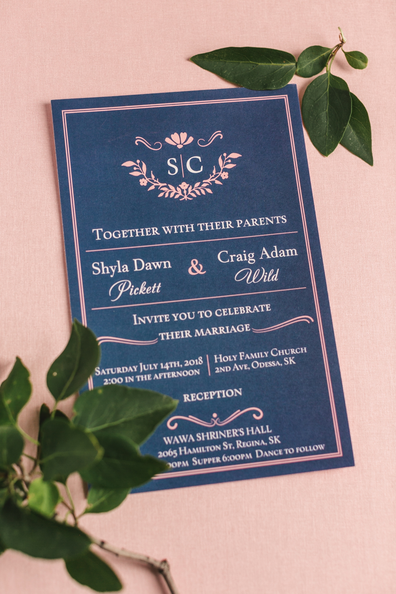Blush and navy wedding invitation photo