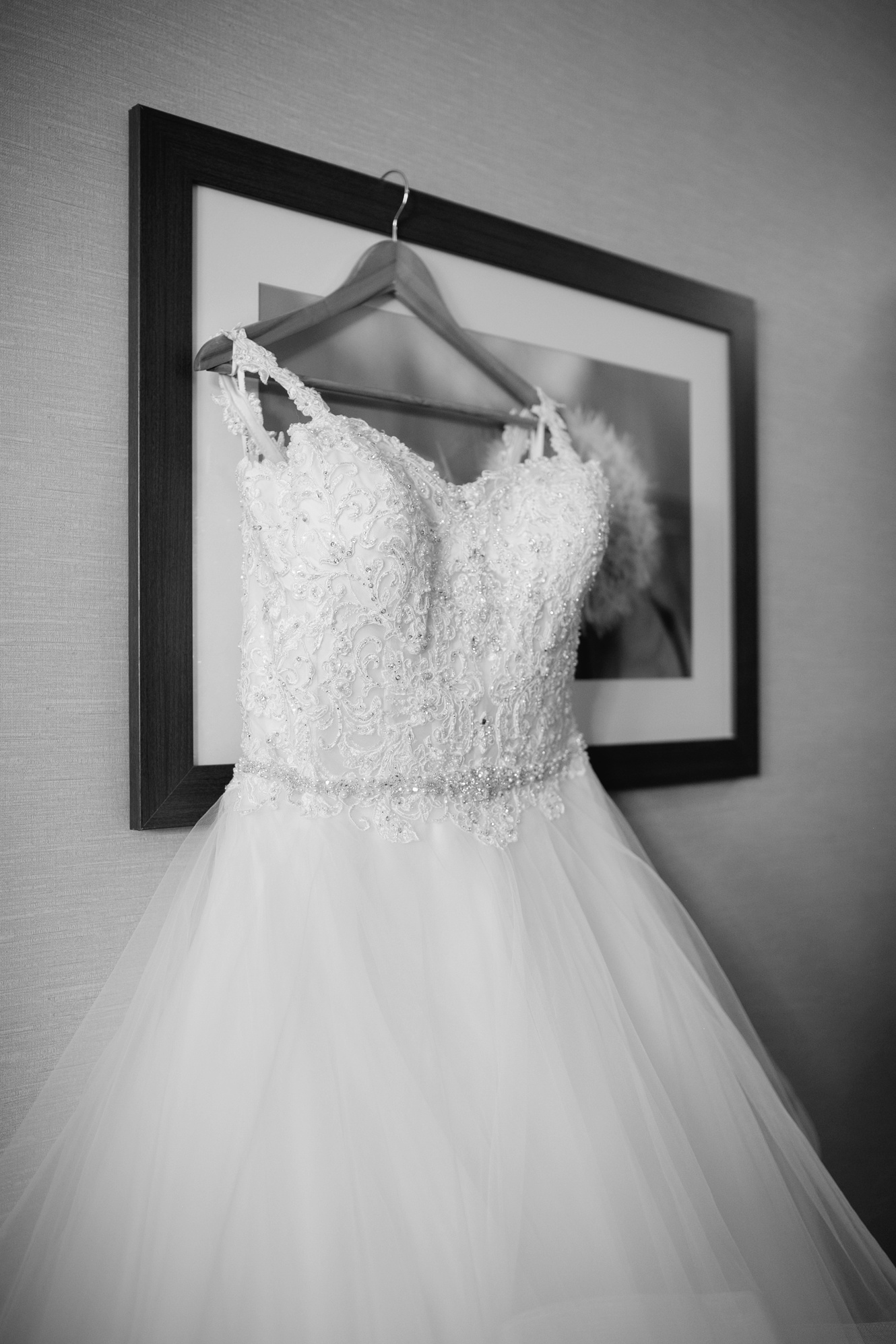 Black and white portrait of wedding dress photo